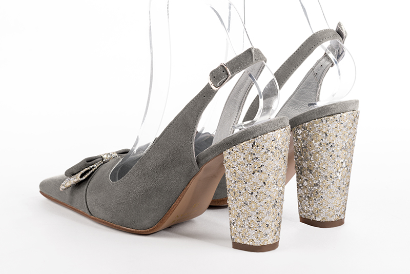 Dove grey women's open back shoes, with a knot. Tapered toe. Very high block heels. Rear view - Florence KOOIJMAN